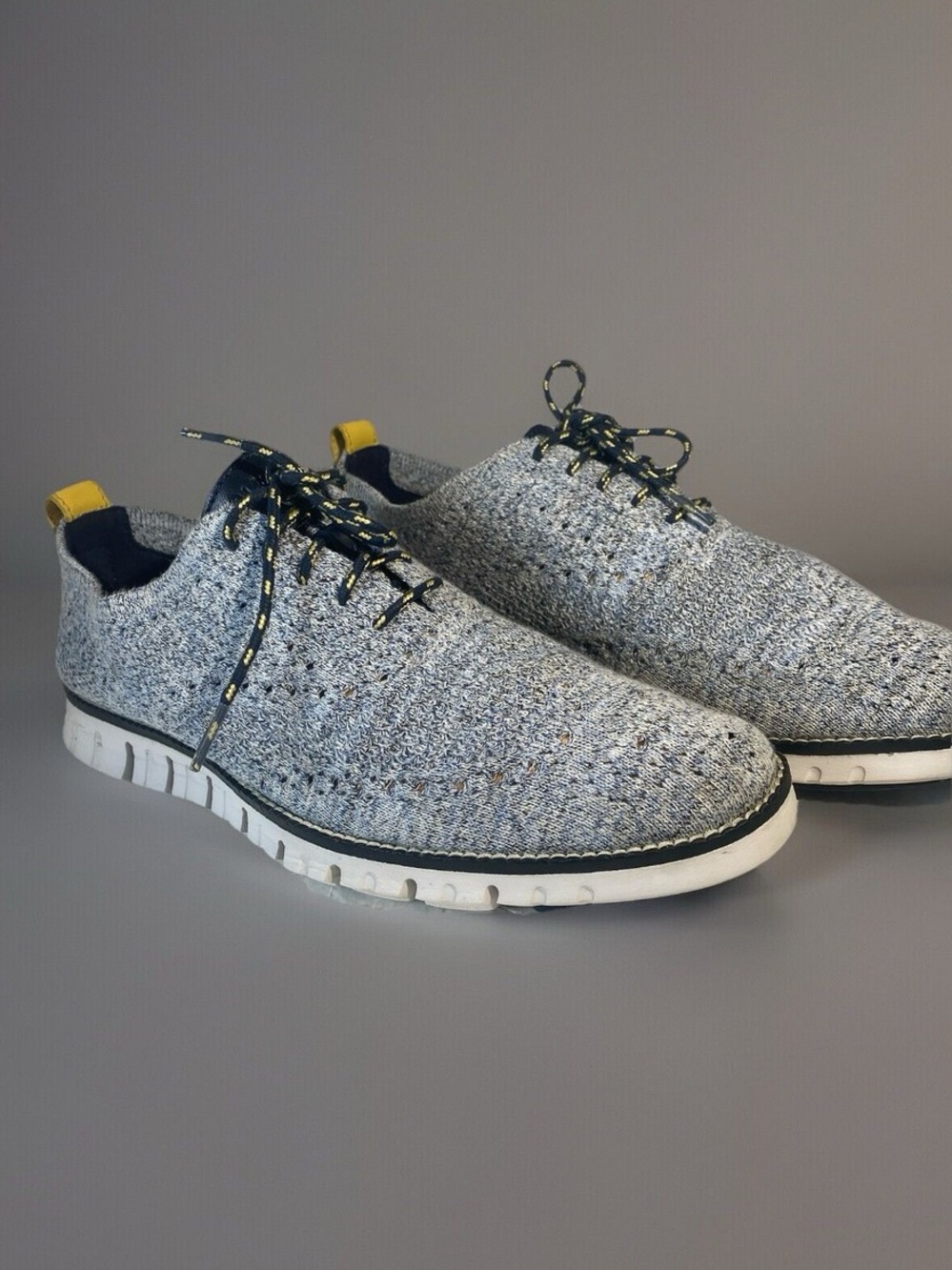 Cole Haan Men's Gray Knit Athletic Lace-Up Shoes with Navy and Yellow Accents